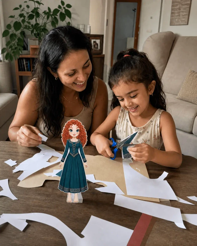Larissa e a filha Manuela recortando as bonecas de papel das princesas