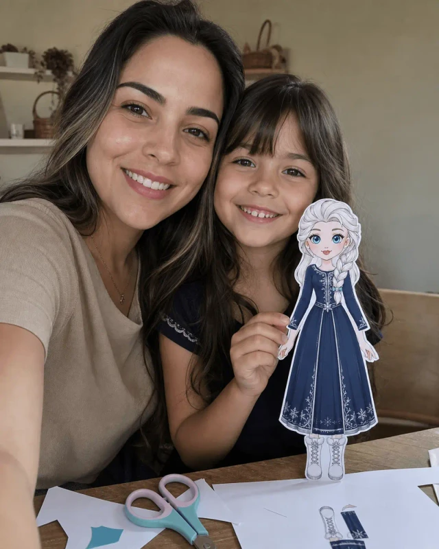 Selfie da Camila com a filha Sophia montando a boneca de papel da Elsa