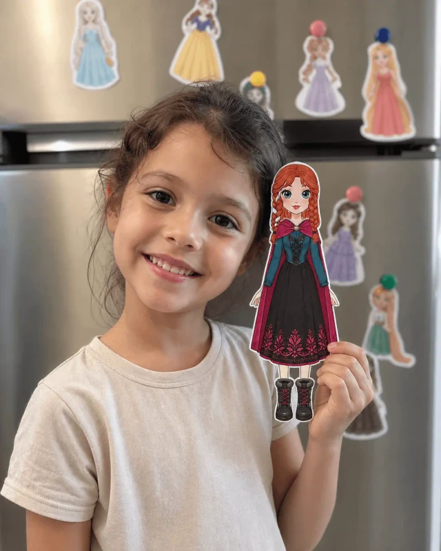 Alice sorrindo mostrando a boneca de papel da princesa Anna