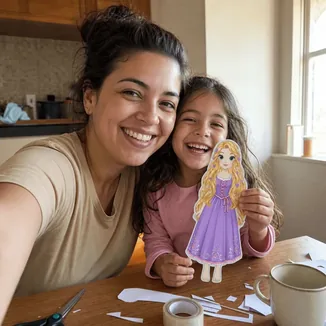Mãe e filha brincando com as bonecas de papel das princesas