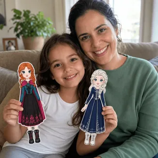 Mãe e filha com as bonecas de papel da Anna e da Elsa
