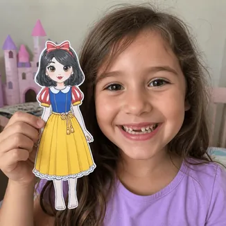 Menina mostrando a boneca de papel da Branca de Neve