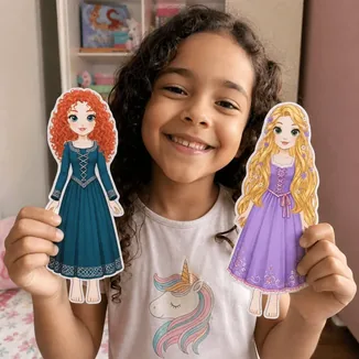Menina com as bonecas de papel da Merida e da Rapunzel
